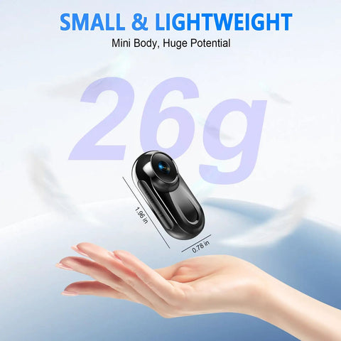 Thumb Size 1080P Wearable Body Camera With 64GB Card in hand, illustrating lightweight 26g build for hands-free vlogging.