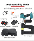 Pro Grade Cordless Hydraulic Punch Kit with 6000mAh battery, six die sets, case, and charger displayed