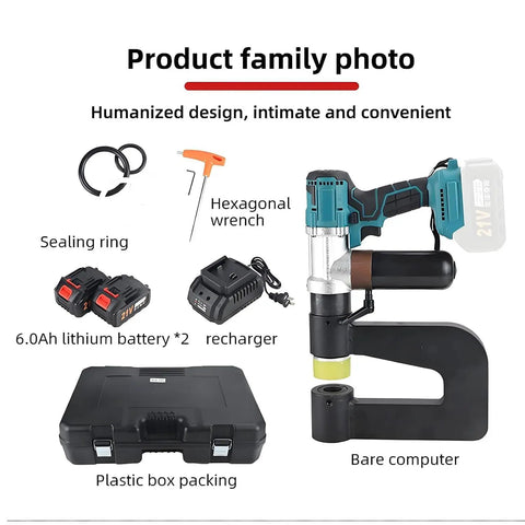 Pro Grade Cordless Hydraulic Punch Kit with 6000mAh battery, six die sets, case, and charger displayed