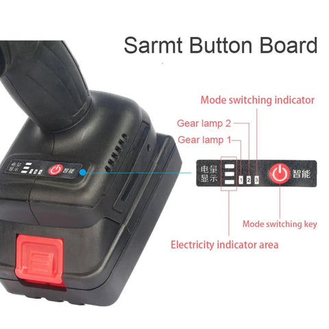 Sarmt Button Board showing mode switching indicator, gear lamps, and electricity indicator on 21V Brushless Electric Blind Rivet Nut Tool.