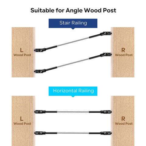 Black Matte Finish Cable Railing Kit And Hardware For Wood Posts With T316 Stainless Steel Marine Grade Fittings Built To Last One Eighth Inch Wire Rope Deck Railing System 180 Degree Adjustable Swage Lag Screws 20 Pack showing stair and horizontal railing installation on wood posts.