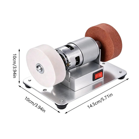 Compact No Fuss Mini Bench Grinder With A 2 76 Inch Wheel And Vibration Dampening Base on a silver base with white and brown wheels.