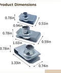 Stainless Steel U Clip Nuts Set M6 M8 M10 Three Size Kit showing dimensions of each clip with threaded inserts.
