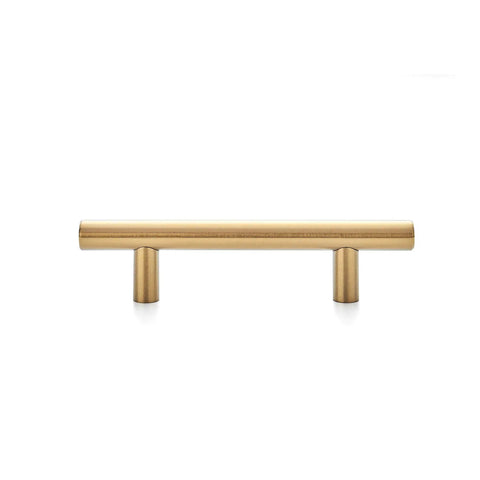 Top Shelf Slick Brushed Brass Cabinet Handles Featuring A Three Inch Hole Center And Five Inch Length For Dead Simple Swaps And Serious Home Glow Ups Thirty Pack Of Heavy Duty Drawer Pulls - close-up view of a single brushed brass drawer pull.