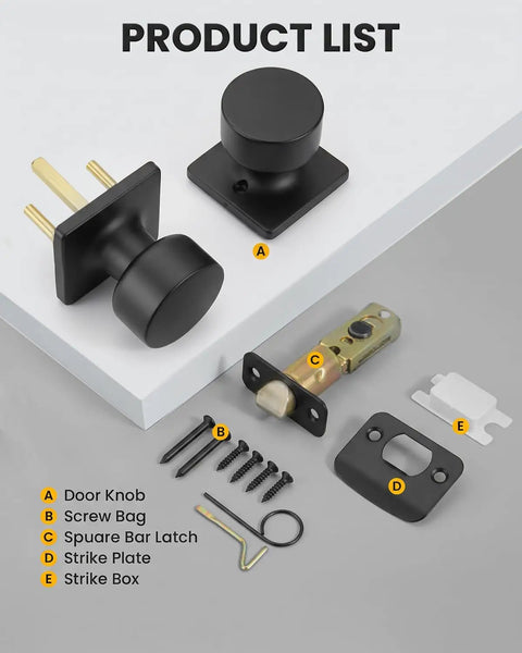 Solid Feel Black Interior Passage Door Knobs With Reversible Latch And Adjustable Fit Super Slick Finish Modern Hardware Set Perfect For Closets And Hallways Six Pack Knockout Deal product list including door knobs, latch, and accessories.