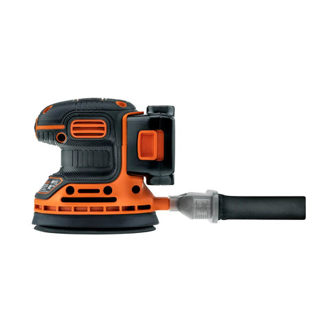 Cordless Orbital Sander with 12,000 OPM for Fast Material Removal, side view, lightweight design with handle and dust collector