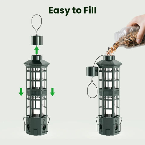 Backyard Ready Squirrel Proof Bird Feeder With 3 Port Design gravity-filled showing easy top fill with metal build.