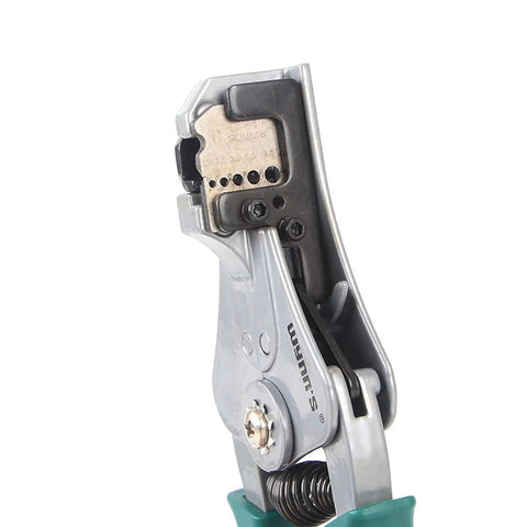 Close-up of Heavy Duty Wire Crimper And Stripper Plier for Slick Multistrand Cable Cutting, showing sharp blades and tension dial.
