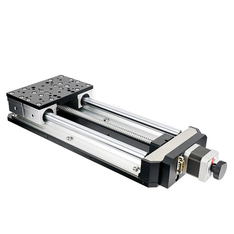 Rock Solid Motorized Linear Stage delivering smooth electric translation, 150mm, aluminum, for optical lab applications.
