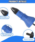 Close-up of Rivet Gun Adapter Kit blue casing and alloy steel head, includes four head sizes 2.4mm to 4.8mm for cordless drills.