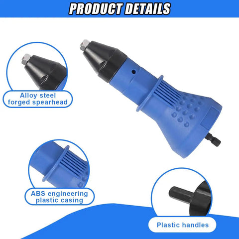 Close-up of Rivet Gun Adapter Kit blue casing and alloy steel head, includes four head sizes 2.4mm to 4.8mm for cordless drills.