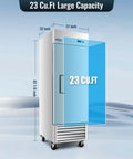 Tough As Nails 27 Wide Commercial Freezer 23 Cubic Ft Stainless Steel Reach In Upright Freezer showcasing dimensions and large capacity.