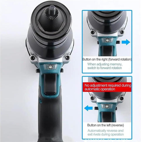 No Sweat Cordless Rivet Nut Gun M3 Through M12 Rechargeable Handheld Riveter showing forward and reverse buttons.