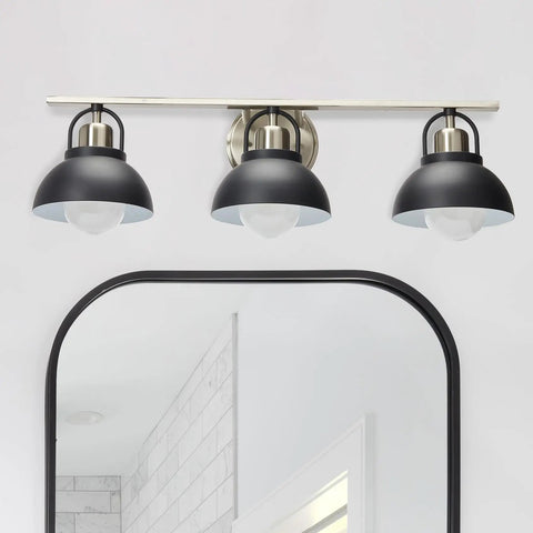 Dope Three Light Vanity Light With Shaded Globe Bulbs Metal Wall Mount In Matte Black With Brushed Nickel Accents Damp Location Rated Vintage Inspired Modern Bath Light above mirror