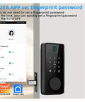 Slick Multi Language Smart Fingerprint Deadbolt Lock With Effortless Tuya App Pairing showcasing keypad and app interface for fingerprint setup.