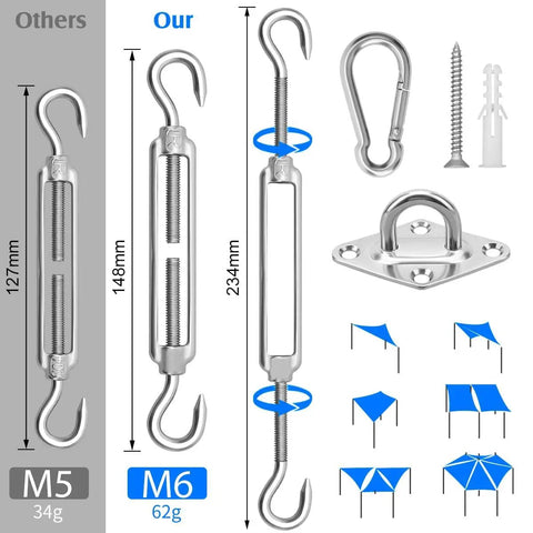 6 Inch Stainless Steel Shade Sail Hardware Kit For Rectangle And Triangle Installations Heavy Duty 304 Grade Fixings diagram