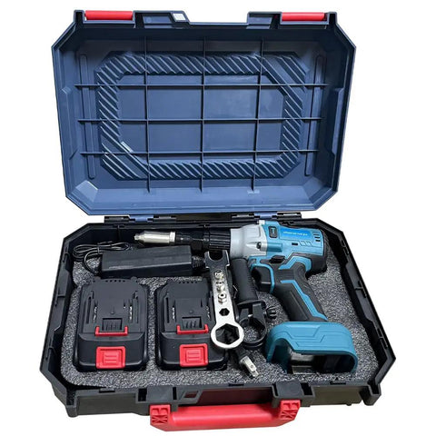 Heavy Duty 21 Volt Brushless Cordless Electric Rivet Gun With Easy Push Trigger Action And Full Shop Ready Kit in carrying case.