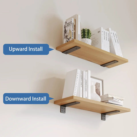 Heavy Duty 10 Inch Shelf Brackets 6 Pack Black Metal L Brackets For Wall Mount shown with upward and downward installation options.