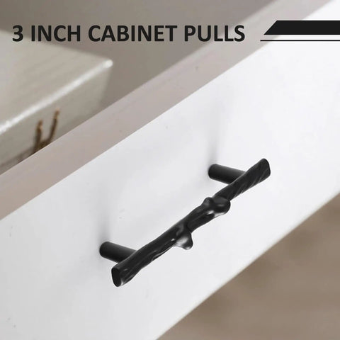 Heavy Duty Black Tree Branch Cabinet Pulls, Hella Durable 3 Inch Drawer Handles on white cabinet front.