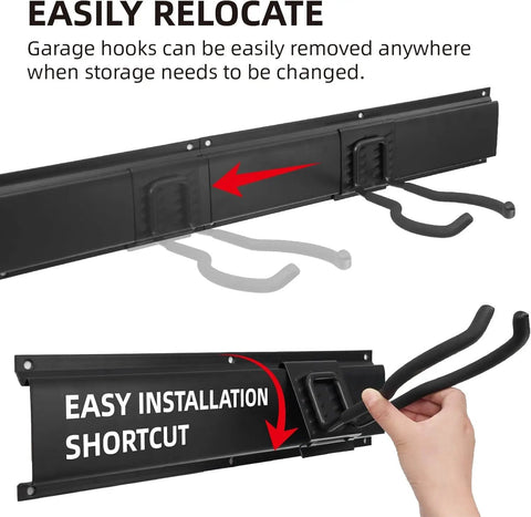 96 Inch Heavy Duty Wall Mounted Tool Organizer With Assorted Hooks And Slot Boards For Garage Storage Rack showing easily relocate hooks and installation features.