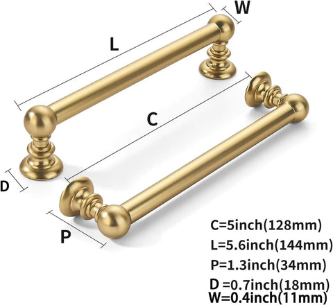 Top Shelf 10 Pack Brushed Brass Cabinet Pulls 5 Inch 128mm Hole Center Drawer Handles For Kitchen And Bathroom Dresser No Sweat Install Rock Solid Hardware Upgrade dimensions showing sizes.