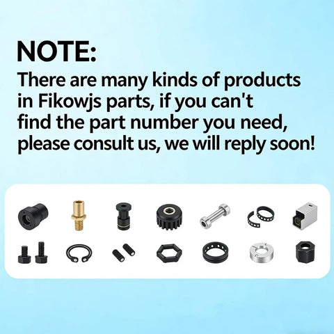 Collection of Fikowjs parts including various connectors and mounting hardware for diverse applications.