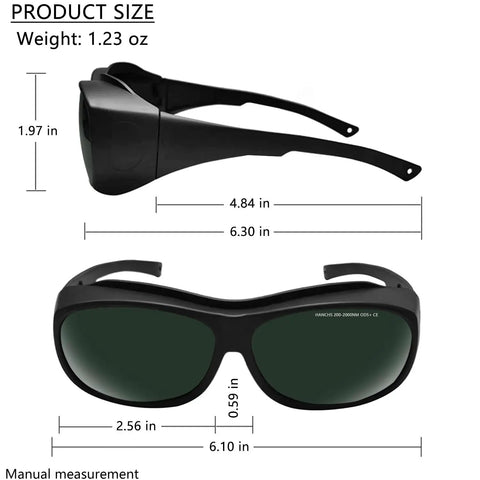 Top Shelf Laser Safety Eyewear Engineered For Red Light Therapy Clinics And At Home Hair Removal Gear With Heavy Duty 200 To 2000Nm Uv Blocking And Infrared Shielding Dark Green Lenses, showing product dimensions and weight.