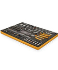 82 Piece 120XP Auto Tool Set Pro Grade In Foam Storage Tray With Low Profile 3 8 Inch Drive Teardrop Ratchet Flush On Off Switch Includes 3 8 By 1 4 Adapter Extensions 1 4 Bit Adapter Metric Wrenches And More in foam tray