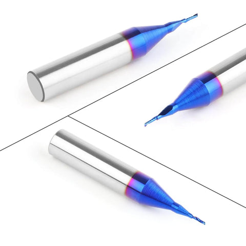 Solid Carbide O Flute CNC Router Bit with 1/4 Inch Shank, nano blue coating, single flute end mill for acrylic, aluminum, and wood cutting.