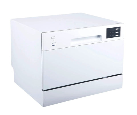Compact Countertop Dishwasher Featuring A Slick Digital Interface And Six Heavy Duty Wash Cycles Engineered For Top Tier Energy Savings With Quick Connect Faucet Adapter And Flexible Delay Start For A Truly No Sweat Cleaning Routine In Crisp White, shown from the side.