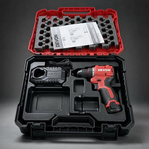 Kickass 12V Brushless Cordless Drill Driver With 3Ah Rechargeable Battery and Variable Speed Control in compact storage case.