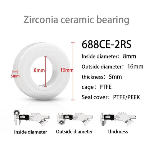 High Grade Zirconia Ceramic Bearing With Double Seals For Rock Solid Rotation And Whisper Quiet Performance Built Tough For Heavy Duty Transmission Projects Super Easy Snap Fit Installation On Any 688 2rs 8x16x5mm Setup, showcasing dimensions and material details.