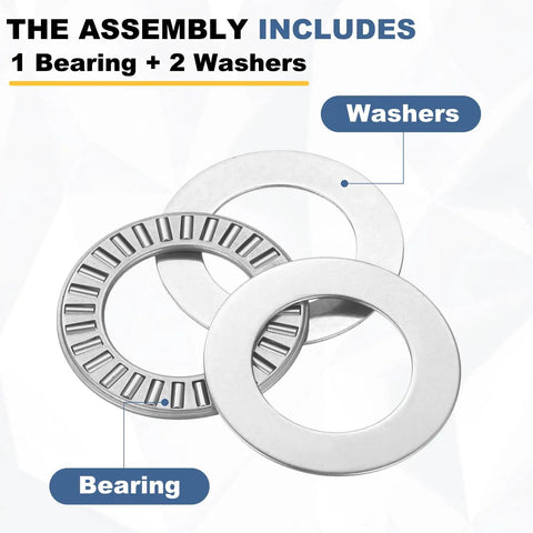 Four Pack NTA1220 Thrust Needle Roller Bearings With Matching Washers 3/4 Inch Inner Diameter 1/4 Inch Thickness Chromium Steel Rollers Built Tough For Hella Durability And Smooth Low Friction Operations On Heavy Machinery Projects, showing a needle roller bearing and two washers.