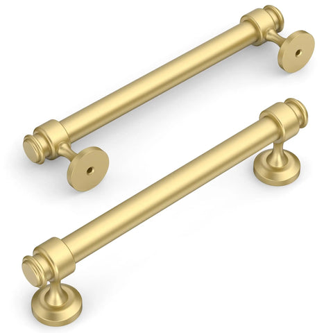 10 Pack Brushed Gold Cabinet Pulls With 5 Inch Hole Centers For Kitchen Cabinets And Bathroom Drawers, showing two gold handles.