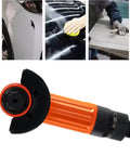 Close-up of Workhorse Heavy Duty Handheld Angle Grinder for wood and metal cutting, featuring orange handle and black guard.