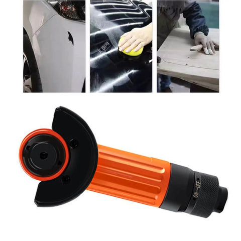 Close-up of Workhorse Heavy Duty Handheld Angle Grinder for wood and metal cutting, featuring orange handle and black guard.