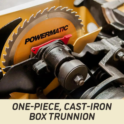 Close-up of the Heavy Duty 10 Inch Table Saw With Rolling Workbench, 50 Inch Rip Capacity, 5 Horsepower 3 Phase Motor cast-iron trunnion.