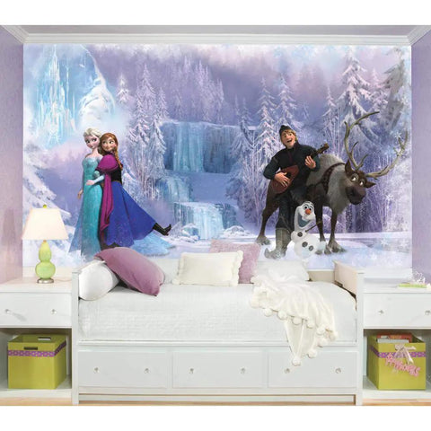 Disney Frozen Peel And Stick Wall Mural in kids room featuring Elsa, Anna, Kristoff, Sven, and Olaf in a snowy landscape.