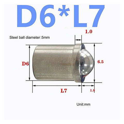 Hardcore 304 Stainless Steel Spring Ball Plunger Solid Grip Positioning D6 X L7 showing dimensions and steel ball specifications.