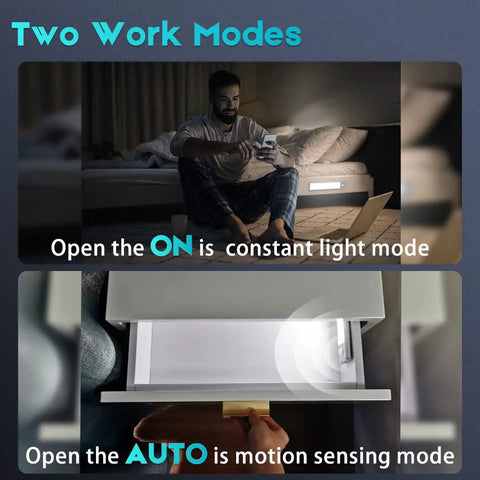 Wireless Under Cabinet Lights With Motion Sensor, Rechargeable Indoor LED Lighting showing two work modes, man reading and drawer light