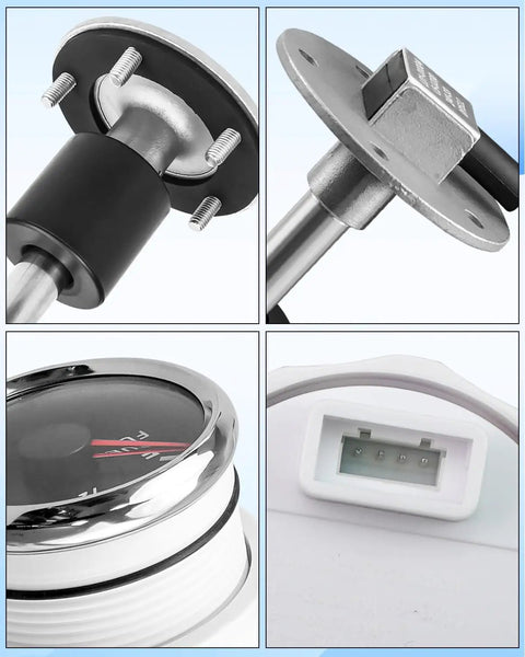Close-up of Top Shelf Marine Fuel Level Sending Unit And 2 Inch Diameter Fuel Gauge Kit featuring sender arm and gauge details.
