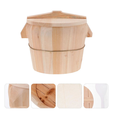 Sweet Wooden Rice Container Bucket With Sturdy Side Handle For Steaming Perfectly Fragrant And Chewy Rice Using Safe Odorless Material For Busy Home Chefs Who Want That Good Vibes Cooking Experience Today - front view with lid.