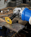 Two Pack Versatile Angle Grinder To Die Grinder Adapter Kit with Five Eighths Eleven Thread in use for metal grinding.