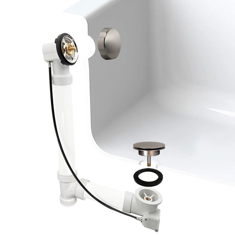 Heavy Duty Cable Driven Bath Waste Drain Assembly With Twenty Seven Long Cable And Solid Brass Handle Fits One Half Schedule Forty PVC Pipe Featuring Smooth Pop Up Stopper Valve And Tight Strainer Plate For Hassle Free Bathroom Updates displaying installed components.