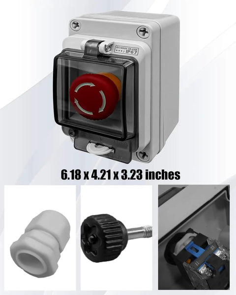 IP67 Waterproof Emergency Stop Button with outdoor enclosure, red push button, 660V 10A, dimensions 6.18 x 4.21 x 3.23 inches