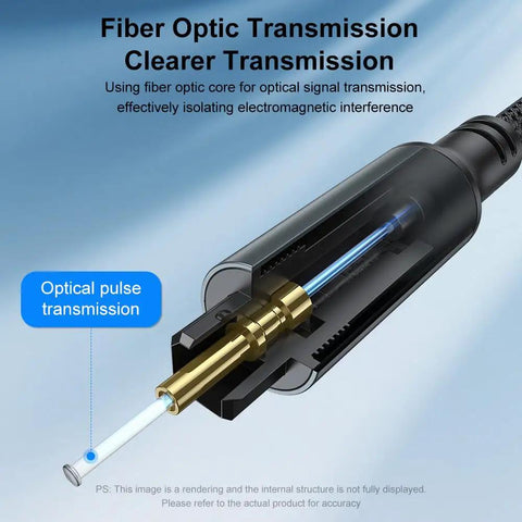 USB A And Usb Type C To Optical Fiber Audio Cable Converter Plug And Go Toslink Digital Sound Adaptor showing fiber optic core for clear sound.