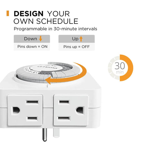 No Sweat Plug In 24 Hour Mechanical Timer Outlet 2 Pack Daily On Off Cycling with programmable 30-minute intervals for easy scheduling.