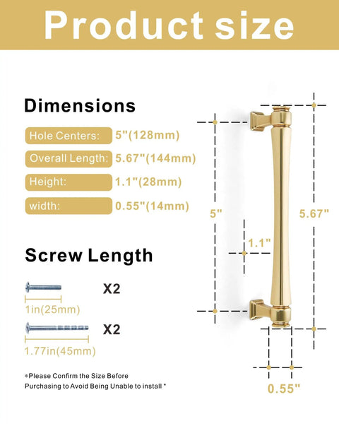 Top Tier Solid Zinc Alloy Cabinet Pulls 10 Pack Slick Brushed Gold Heavy Duty Drawer Handles dimensions and screw lengths.
