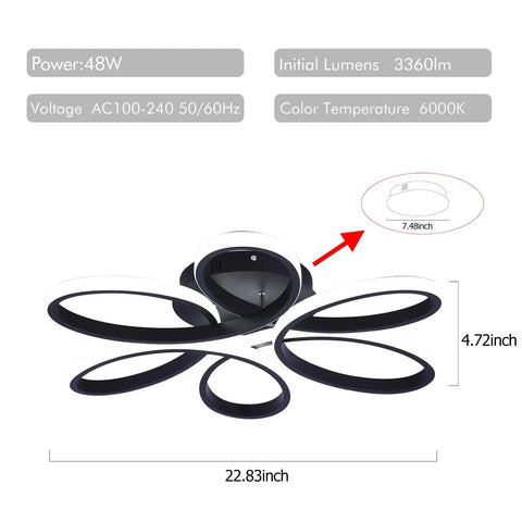 Flower Shape Flush Mount LED Ceiling Light Dope Modern Lamp 22.8 Inch 48W Black Fixture For Living Room And Bedroom Cool White 6000K Easy Install Kit Included