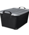 Heavy Duty 24 Pack Stackable Storage Bins 55 Quart Home Organizers with black thick plastic and soft grip handles.